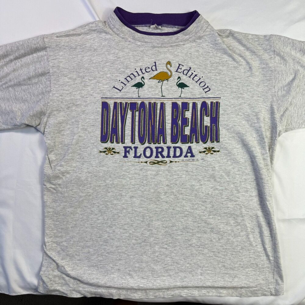 Vintage 90s Daytona Beach‎ Adult Large Gray Purple T Shirt Florida Made In USA